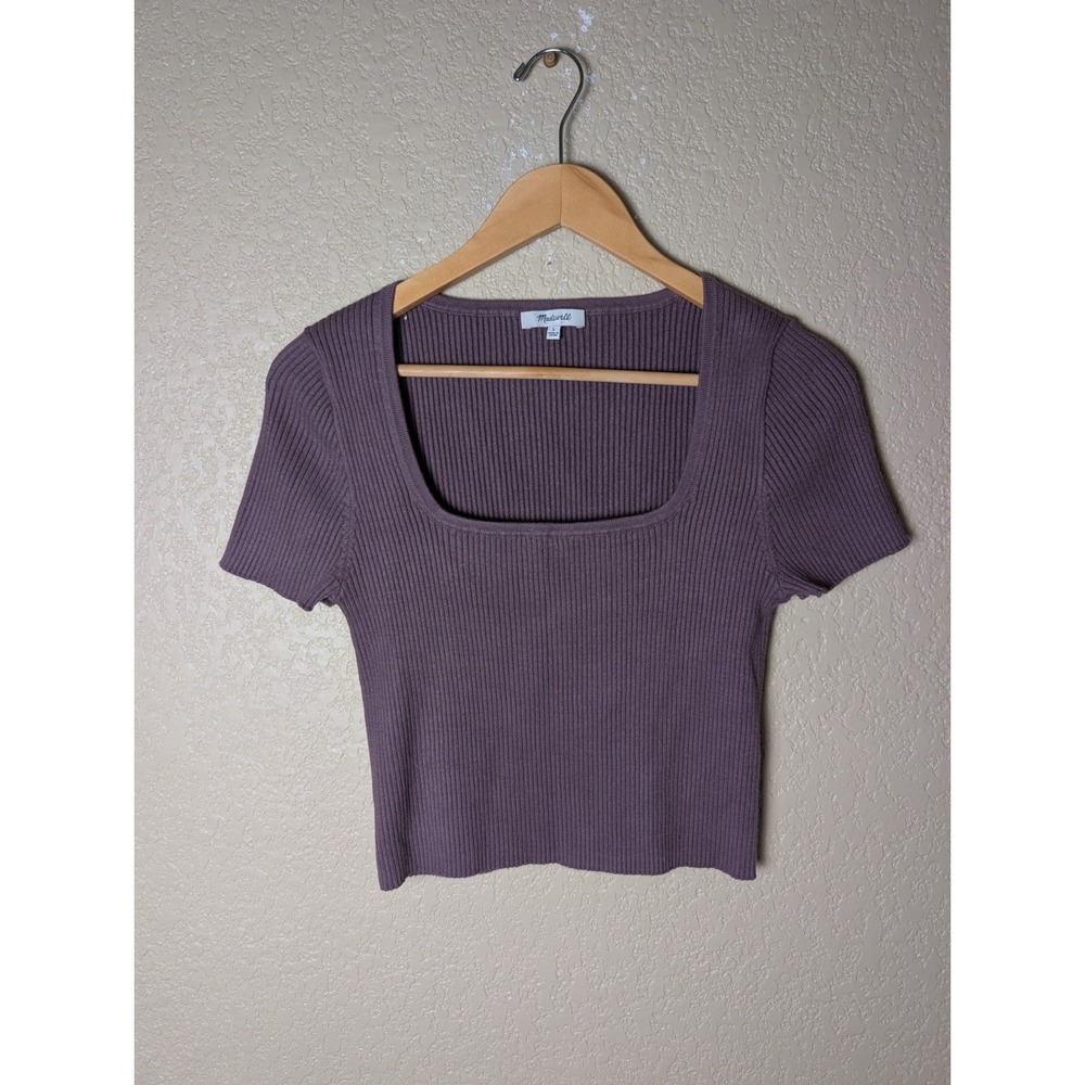 Madewell Square Neck Mauve Purple Ribbed Short Sleeve Crop Top Size Large